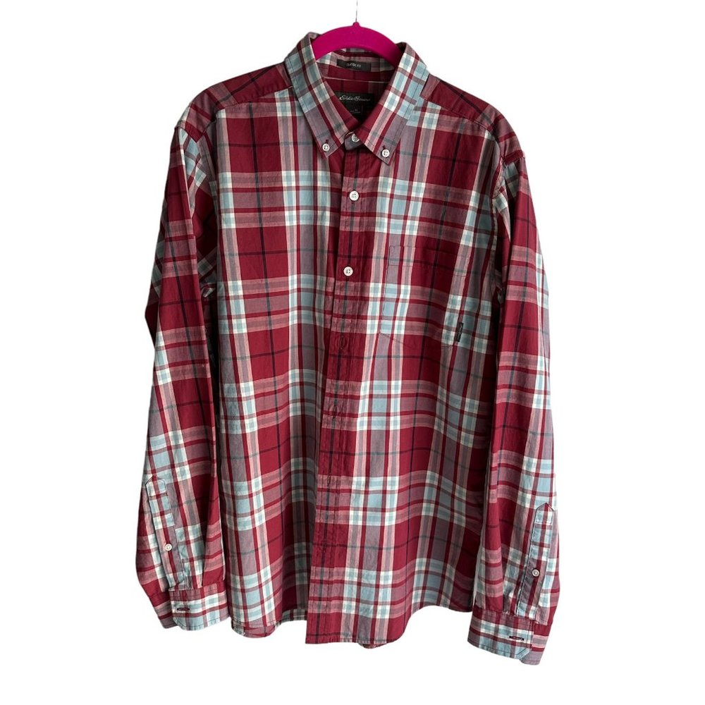 EDDIE BAUER Classic Fit  Red & Blue Plaid Mens Long‎ Sleeve Button Up, XL